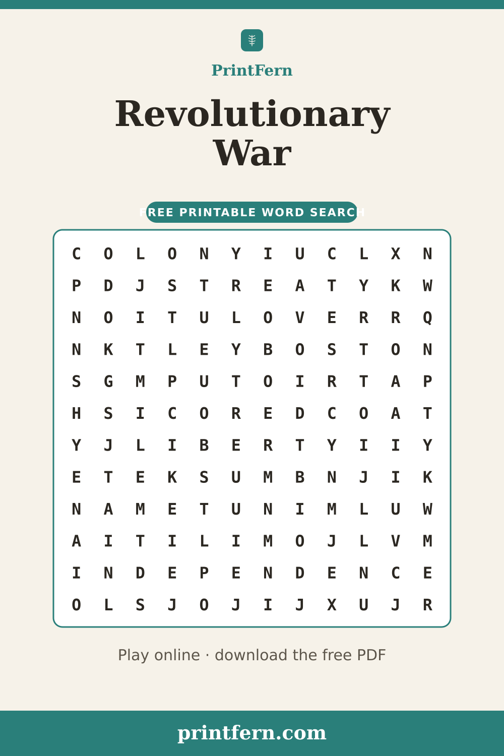 Revolutionary War Word Search, free printable PDF preview