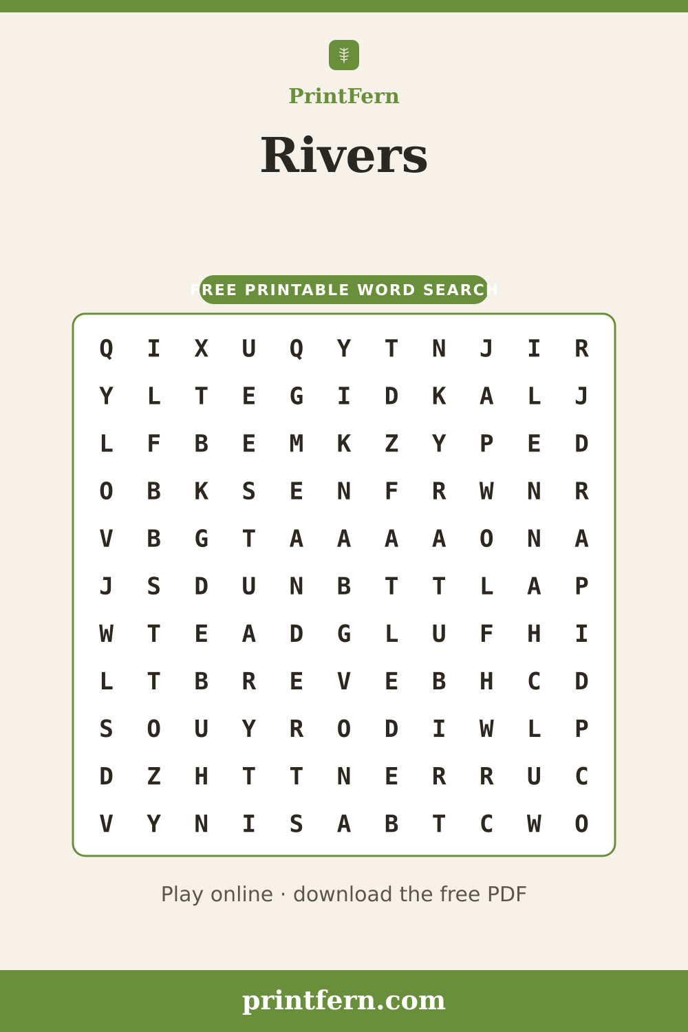 Rivers Word Search, free printable PDF preview