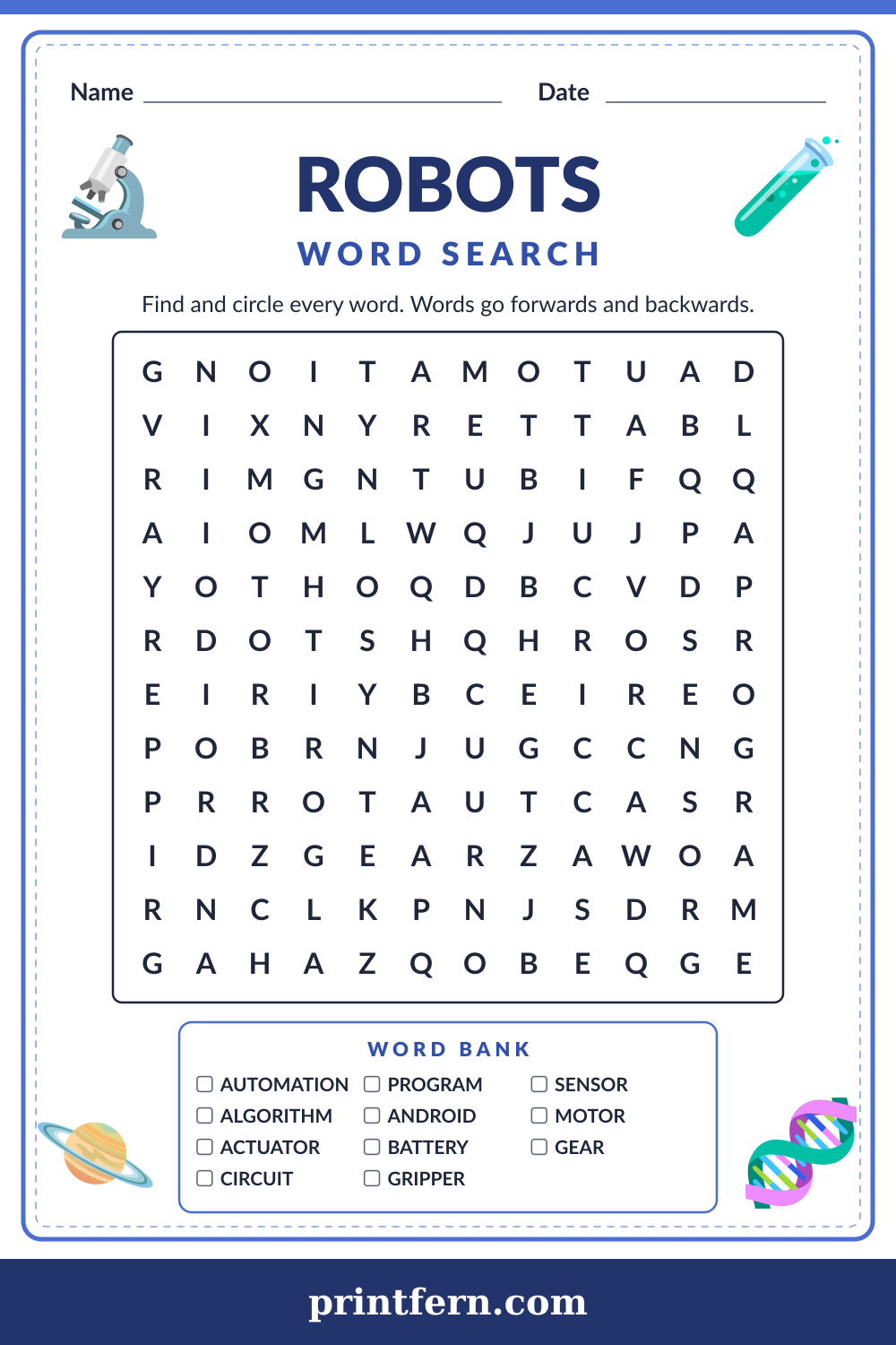Robots Word Search, free printable PDF preview