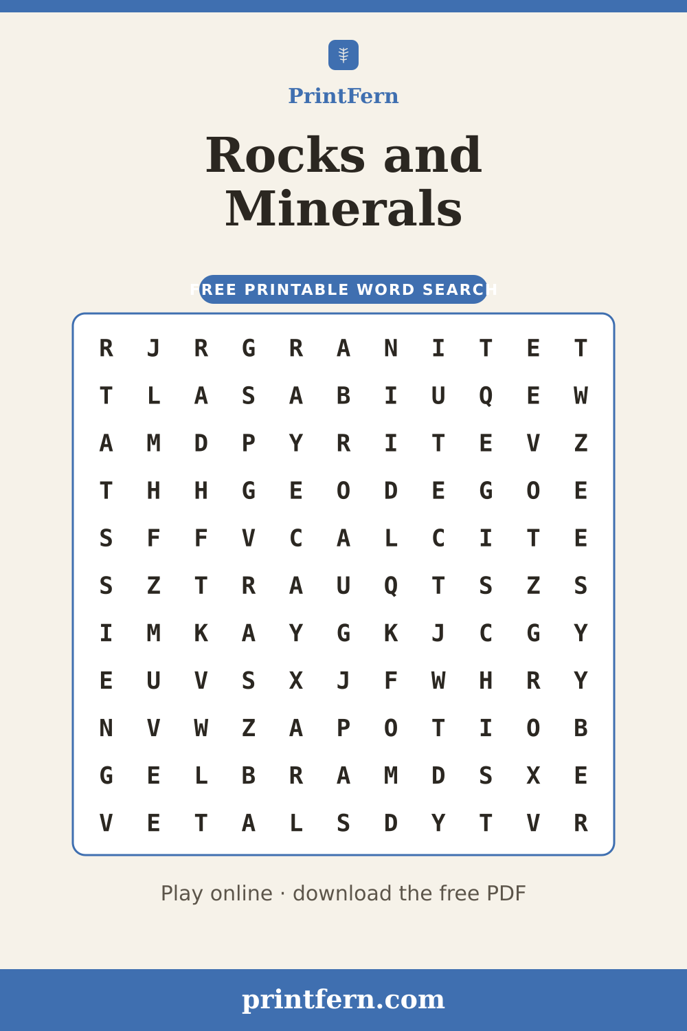 Rocks and Minerals Word Search, free printable PDF preview