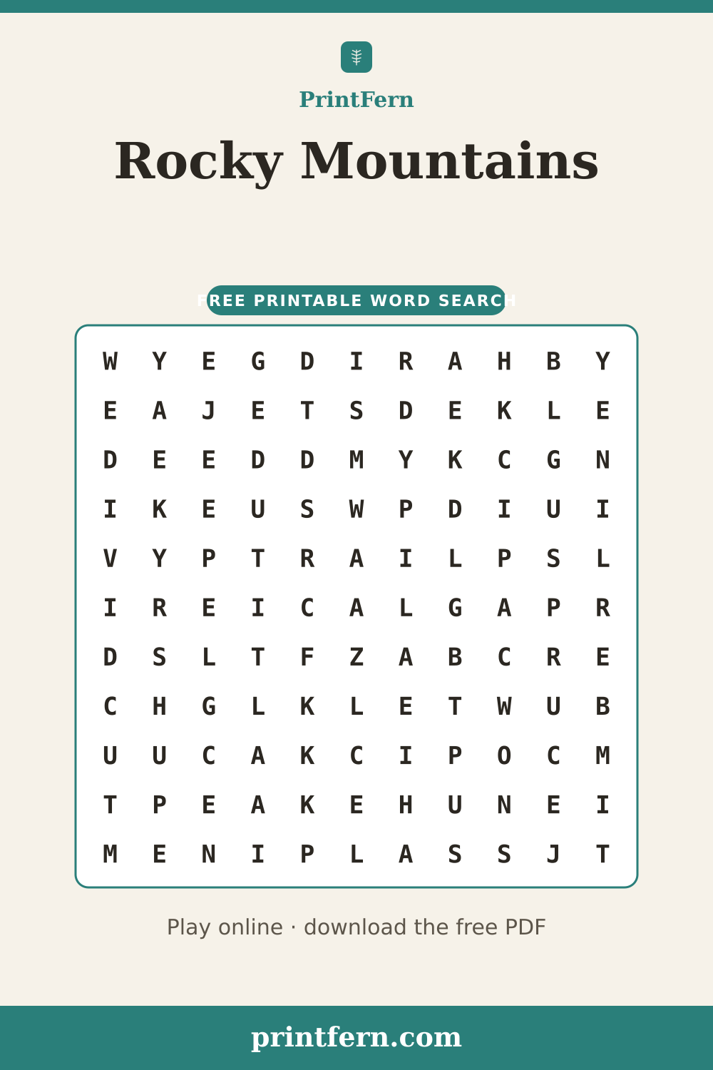Rocky Mountains Word Search, free printable PDF preview