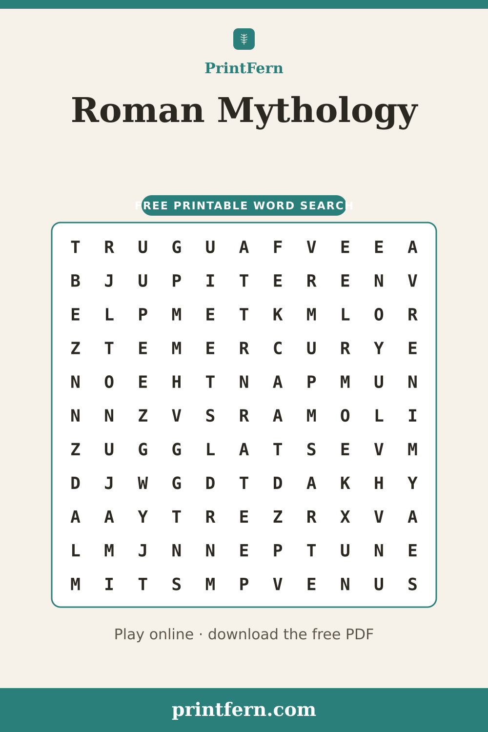Roman Mythology Word Search, free printable PDF preview