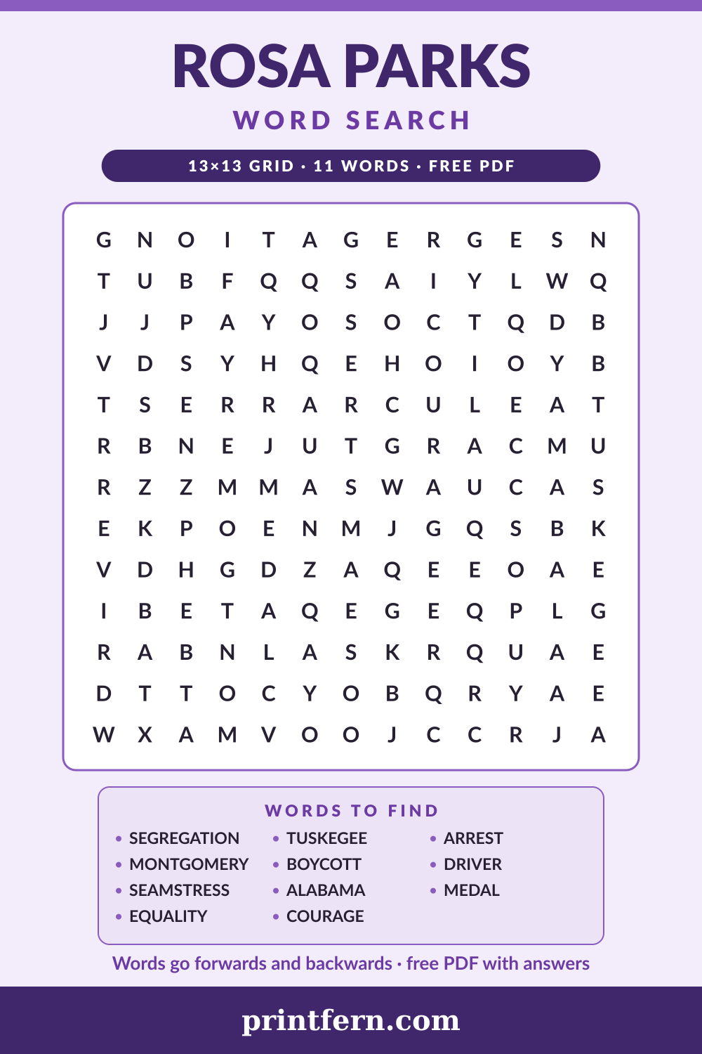 Rosa Parks Word Search, free printable PDF preview