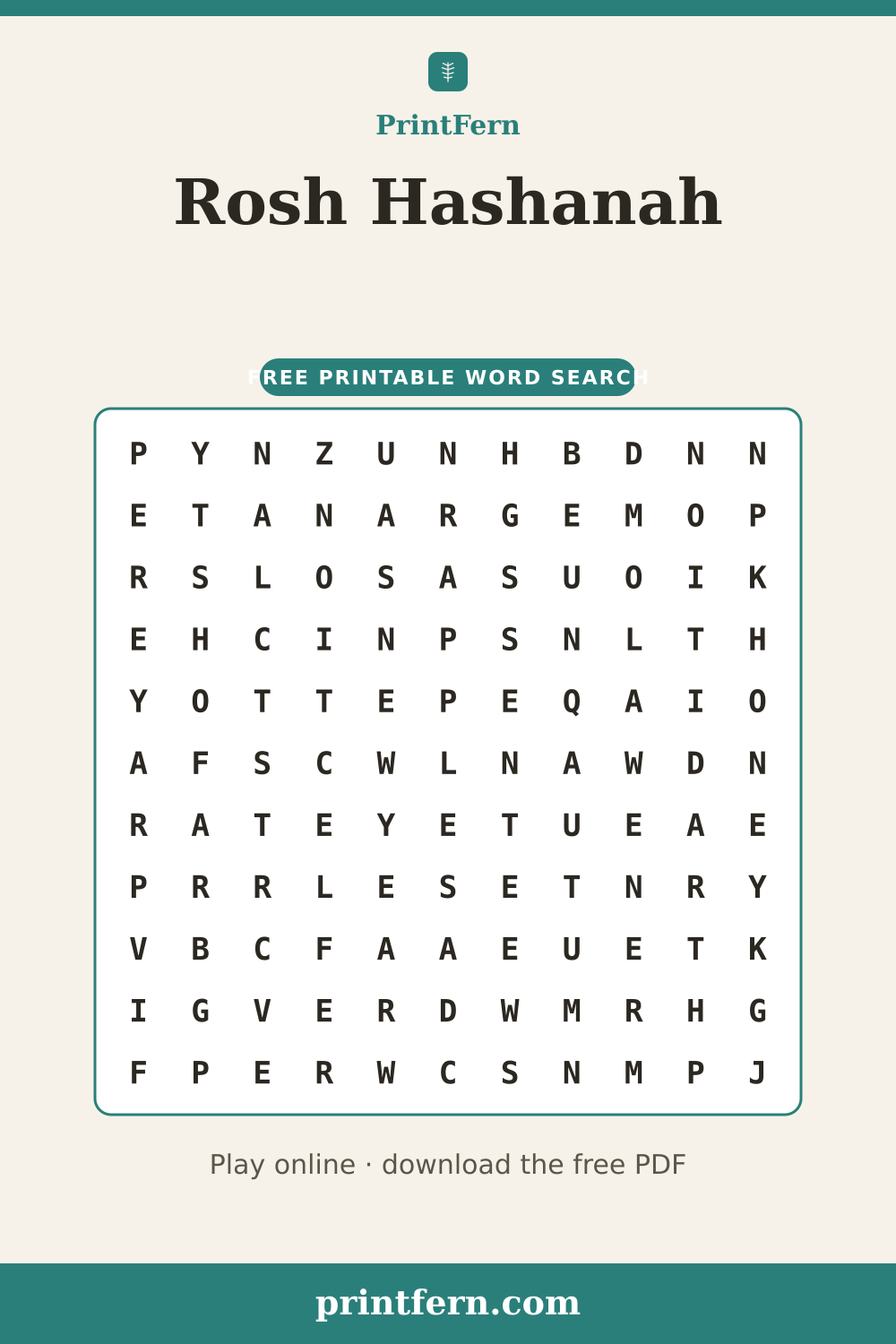 Rosh Hashanah Word Search, free printable PDF preview