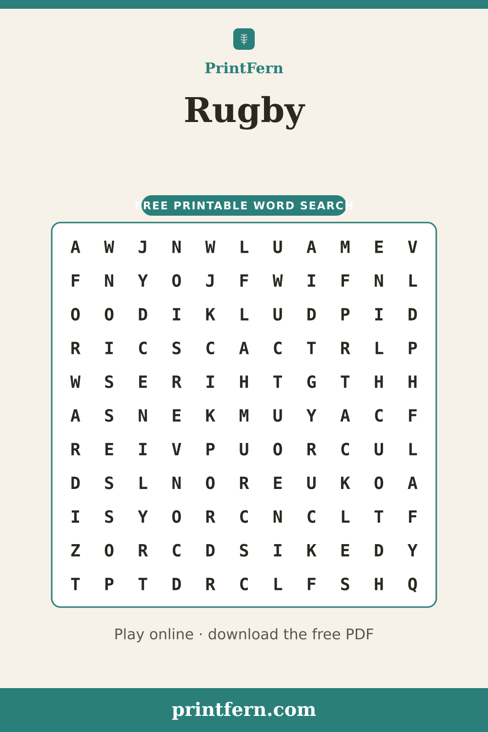 Rugby Word Search, free printable PDF preview