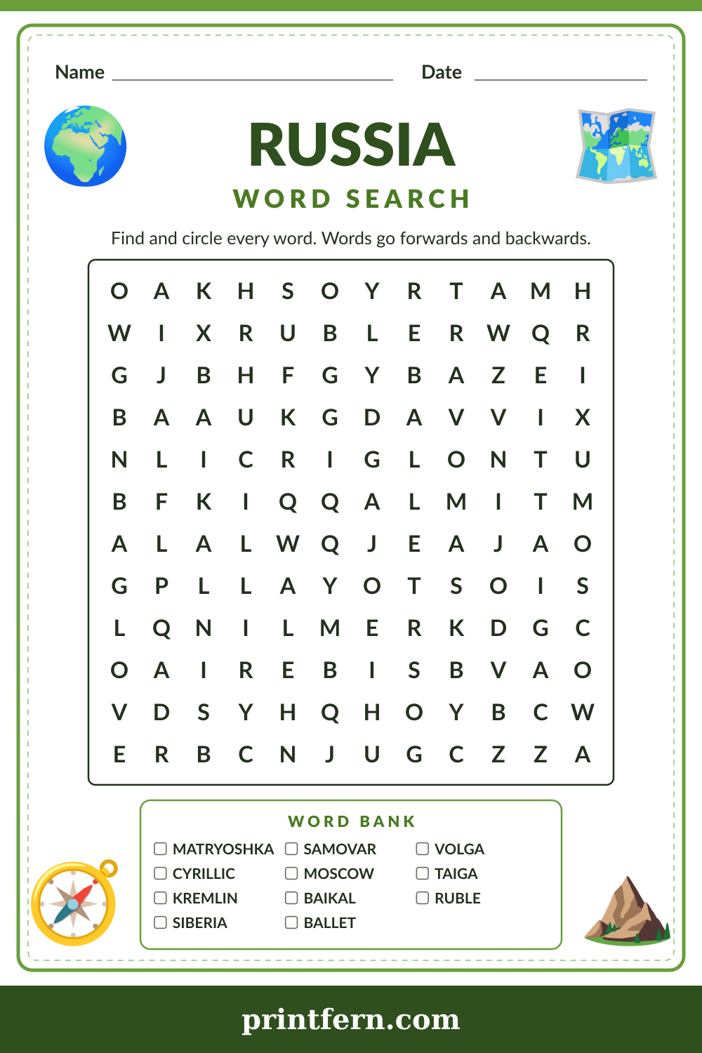 Russia Word Search, free printable PDF preview