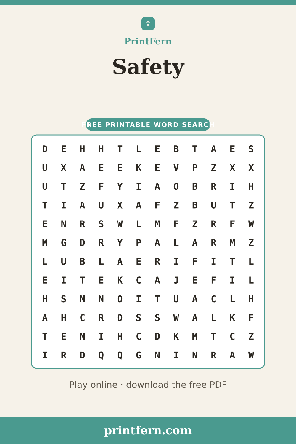 Safety Word Search, free printable PDF preview
