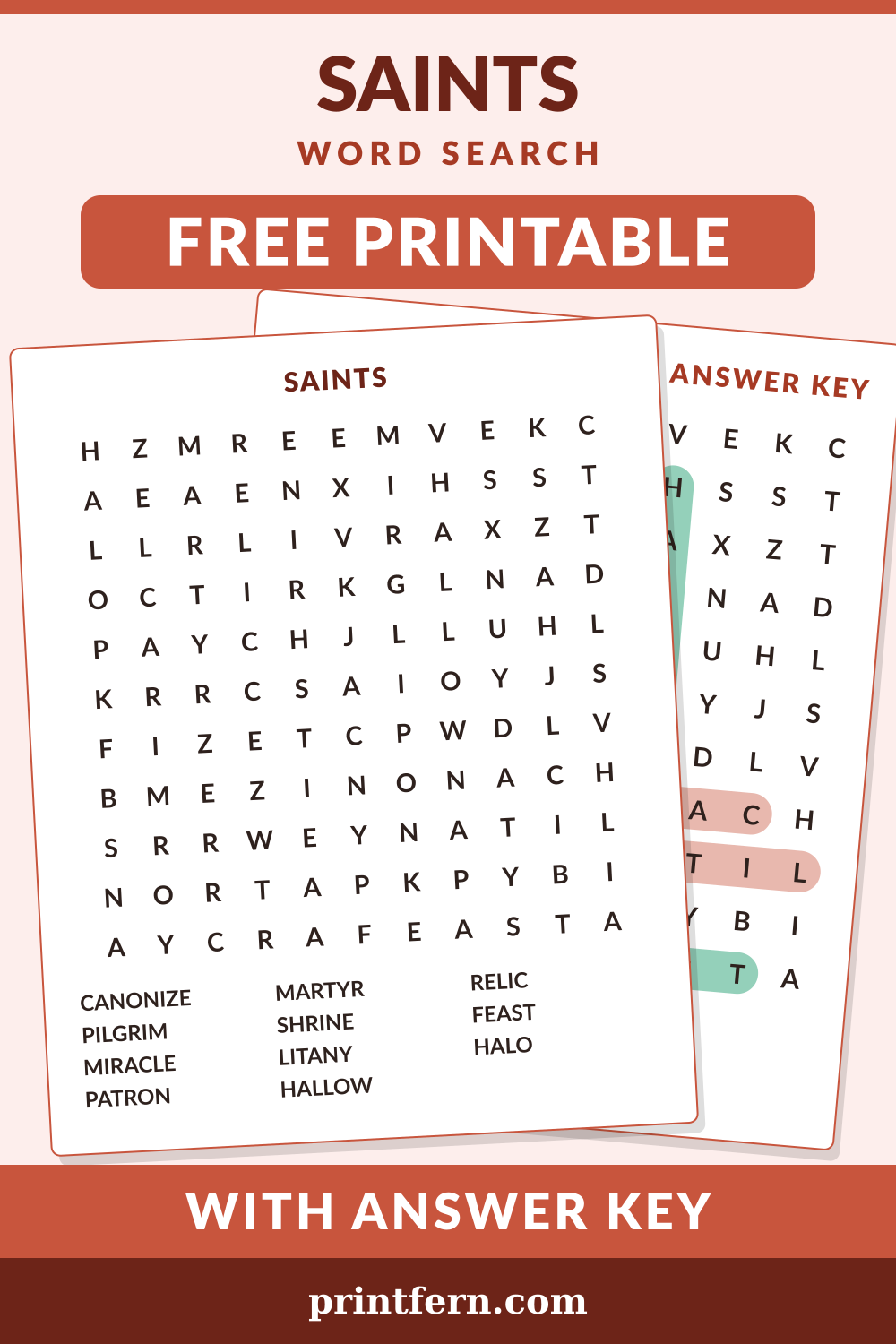 Saints Word Search, free printable PDF preview