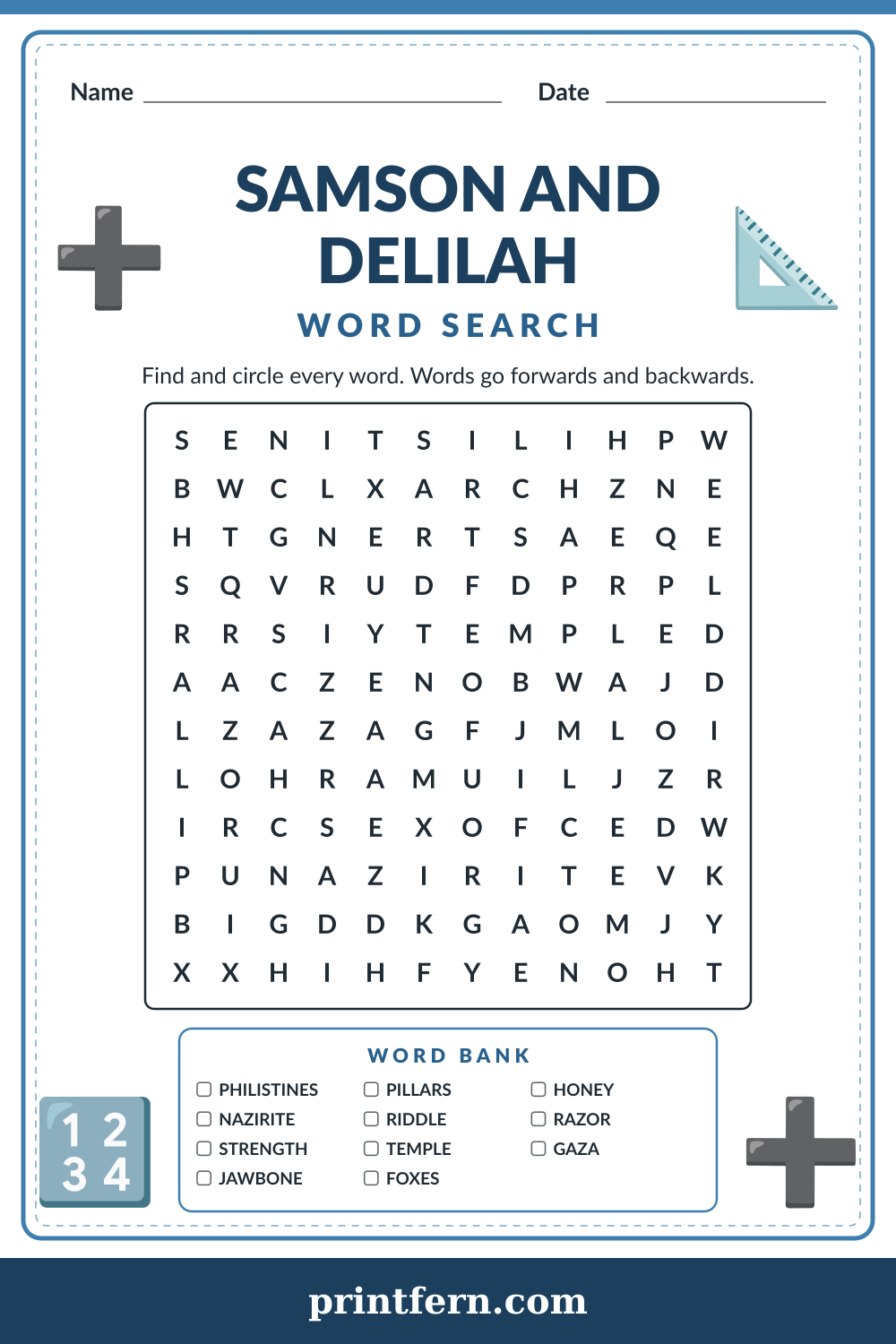 Samson and Delilah Word Search, free printable PDF preview