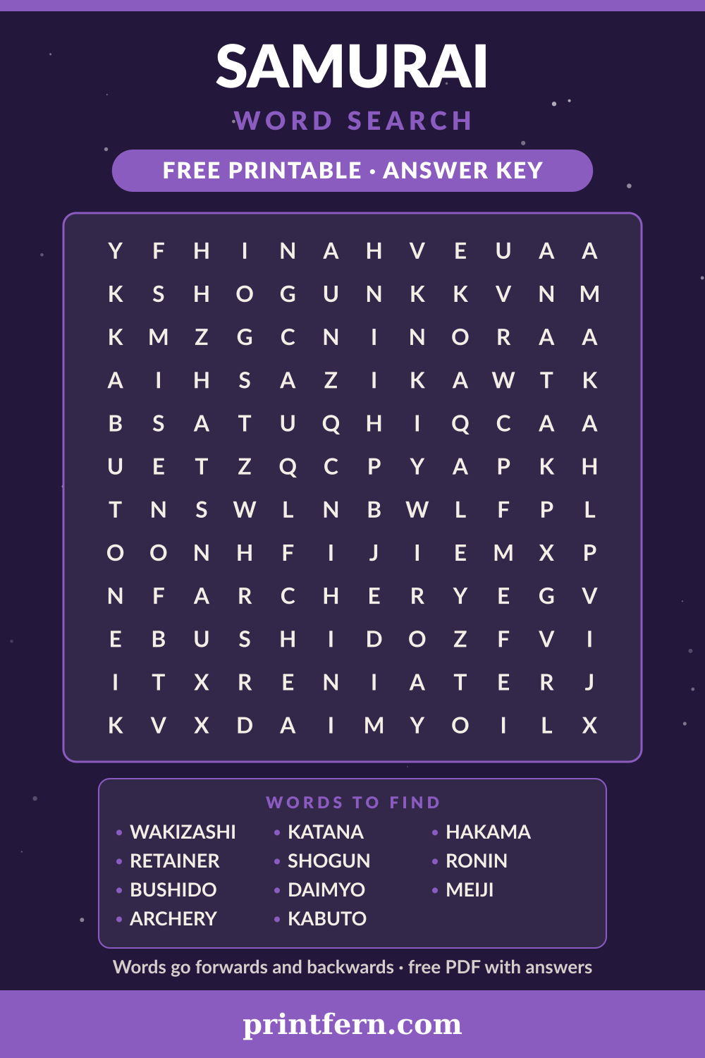 Samurai Word Search, free printable PDF preview