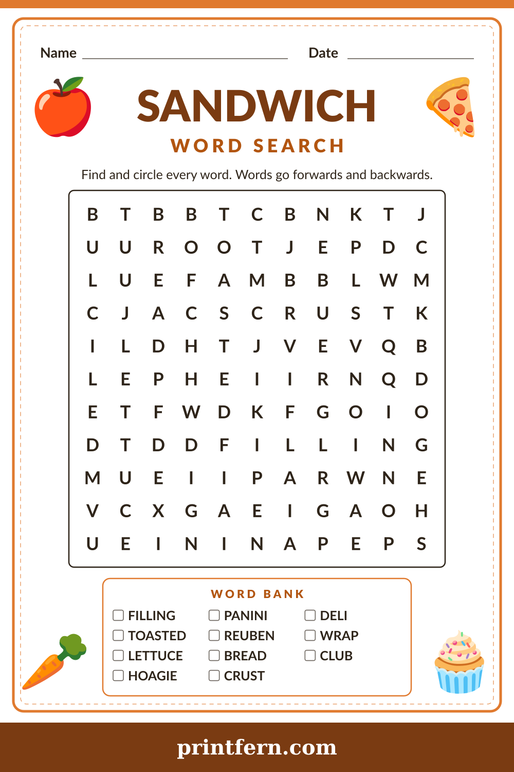 Sandwich Word Search, free printable PDF preview