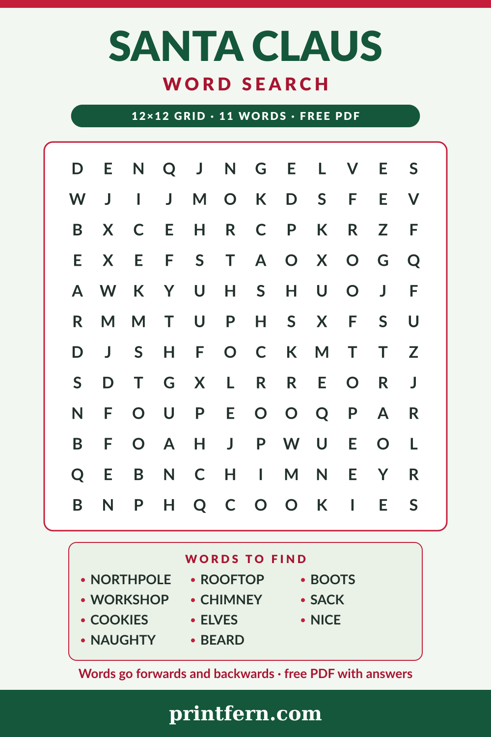 Santa Claus Word Search, free printable PDF preview