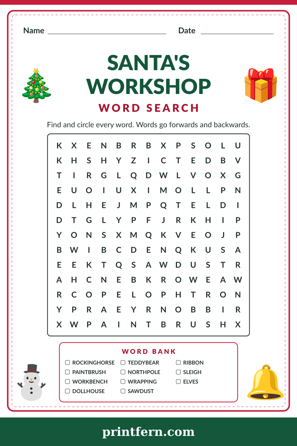 Santa's Workshop Word Search, free printable PDF preview