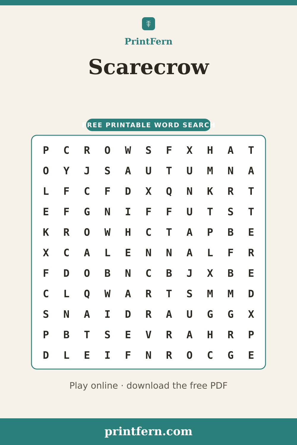 Scarecrow Word Search, free printable PDF preview