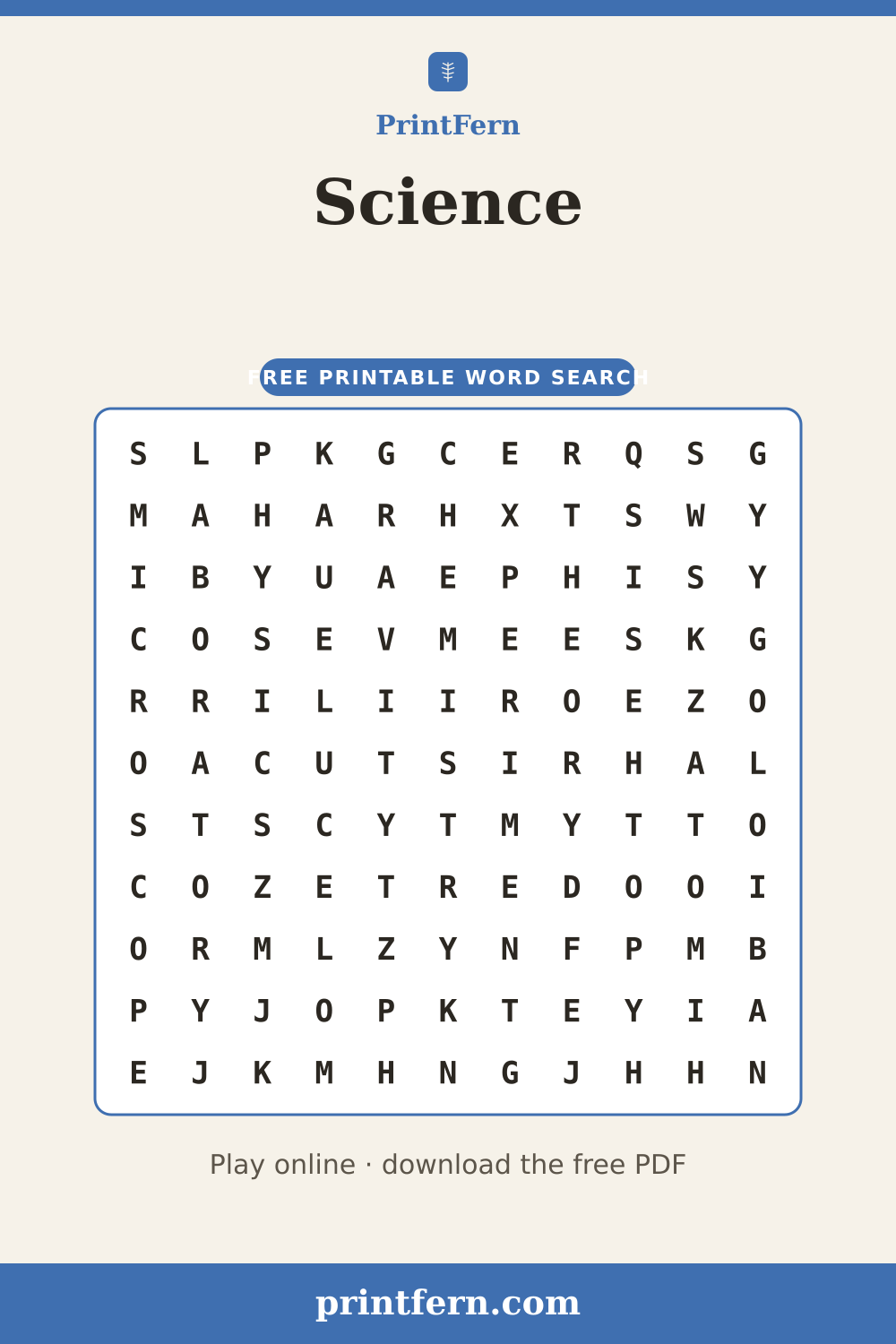Science Word Search, free printable PDF preview