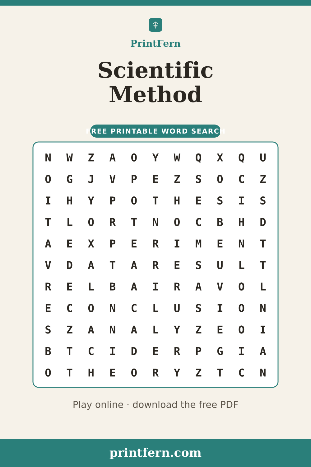 Scientific Method Word Search, free printable PDF preview