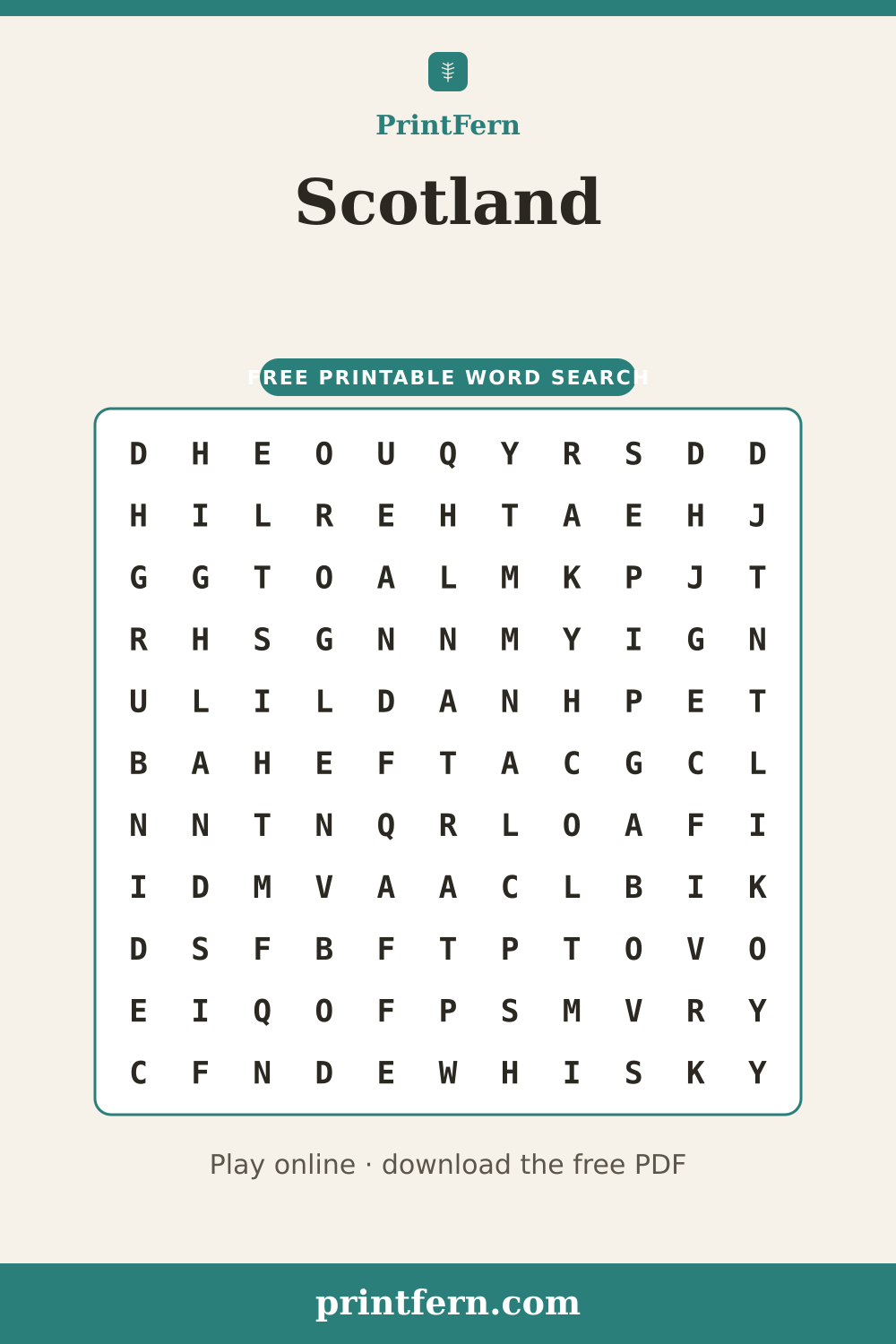 Scotland Word Search, free printable PDF preview