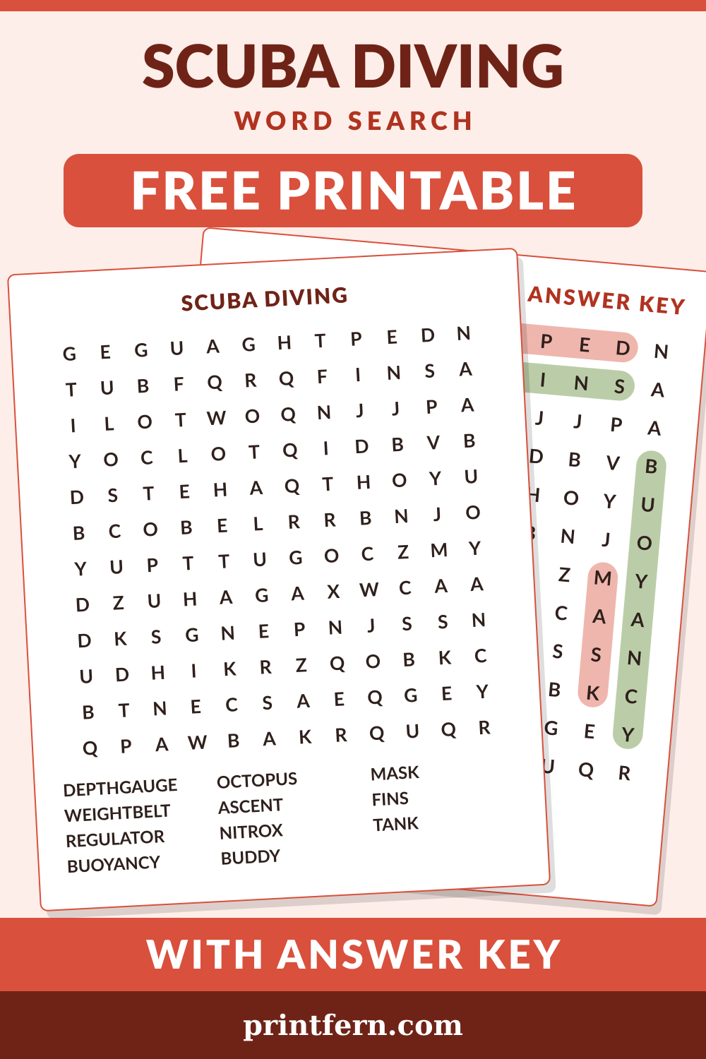 Scuba Diving Word Search, free printable PDF preview