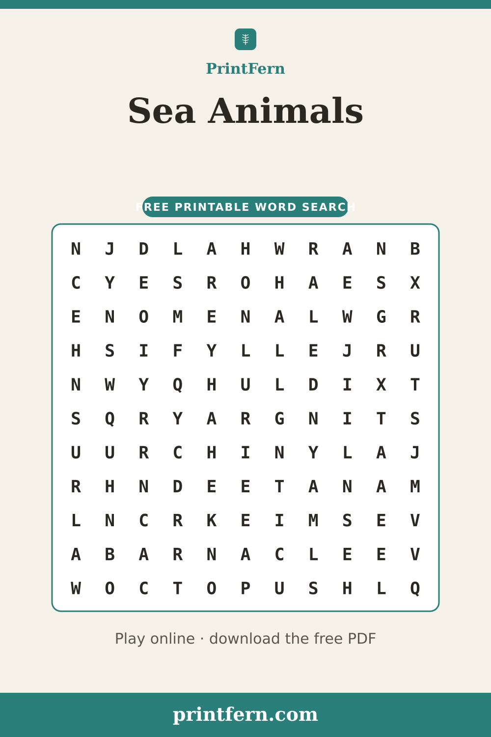 Sea Animals Word Search, free printable PDF preview