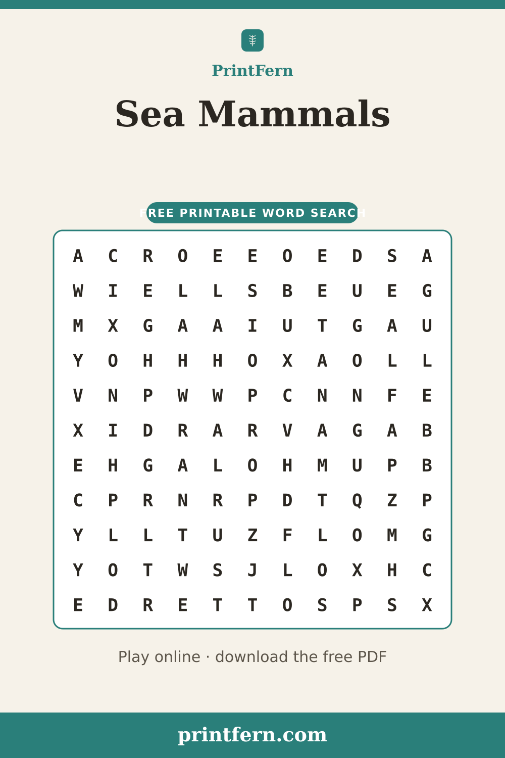 Sea Mammals Word Search, free printable PDF preview