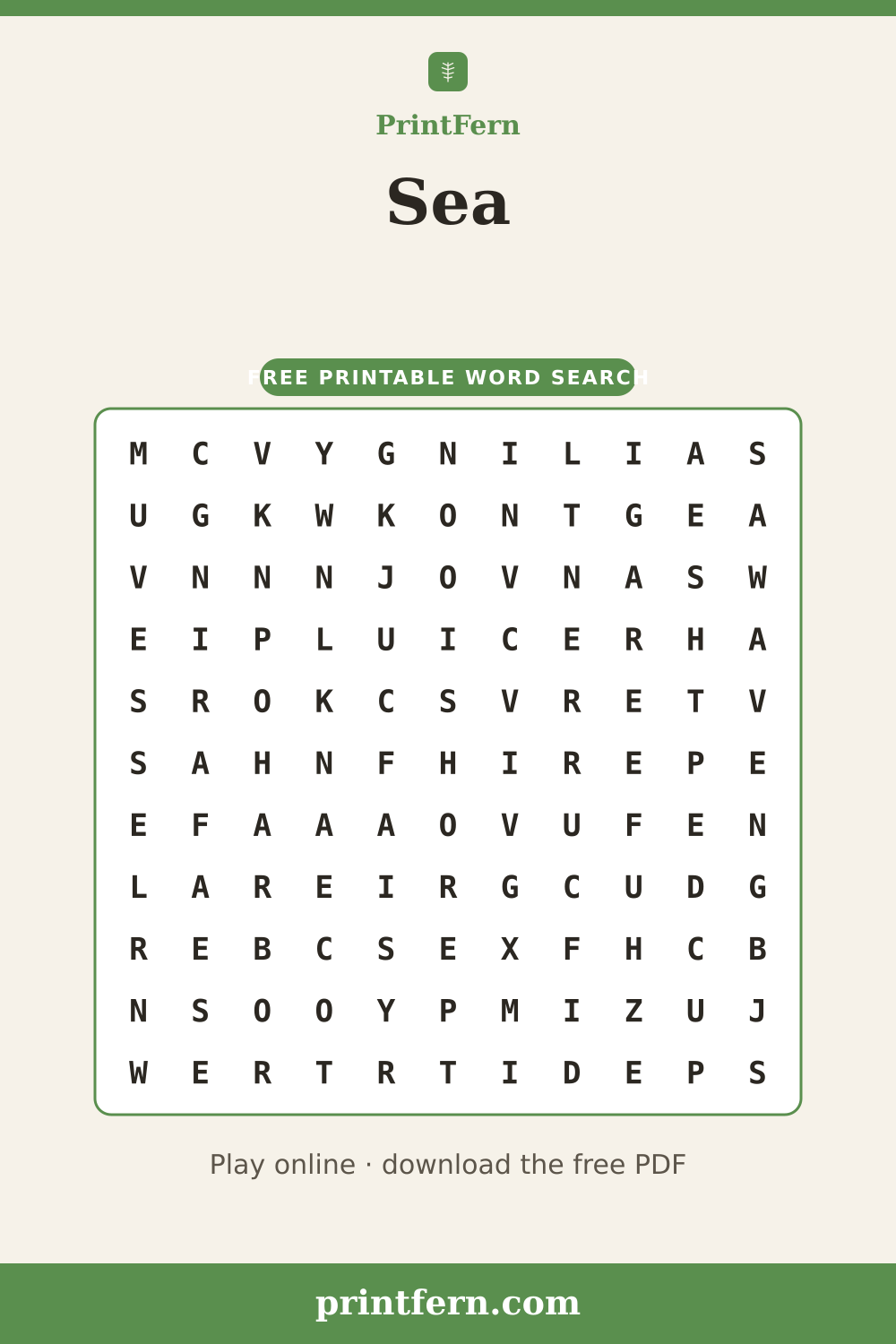 Sea Word Search, free printable PDF preview