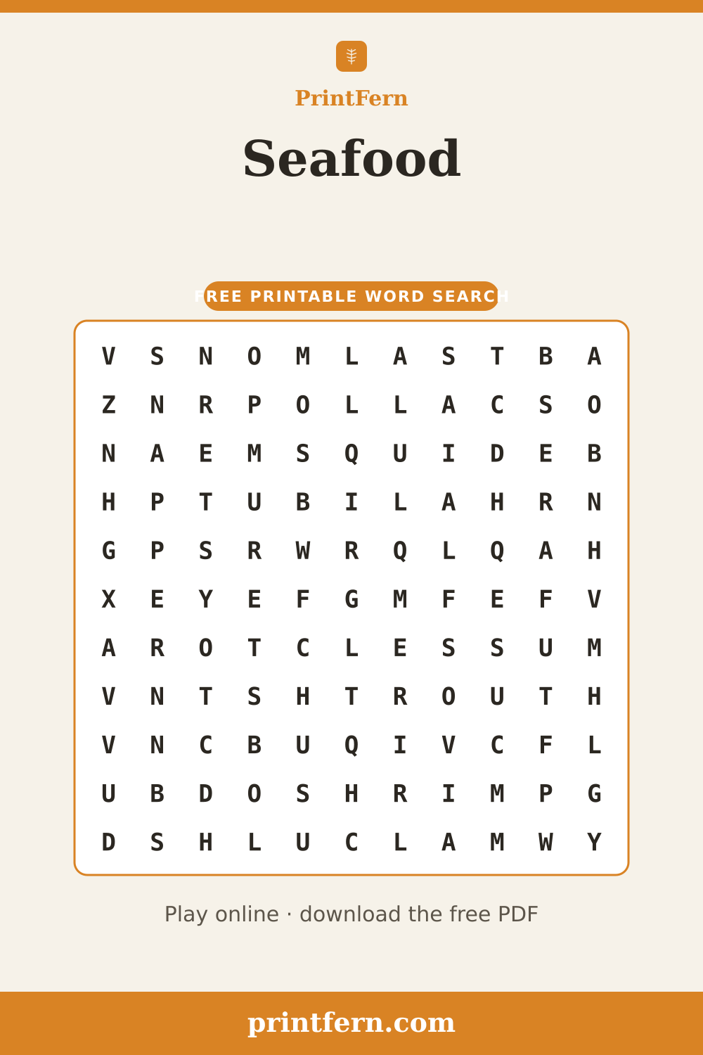 Seafood Word Search, free printable PDF preview