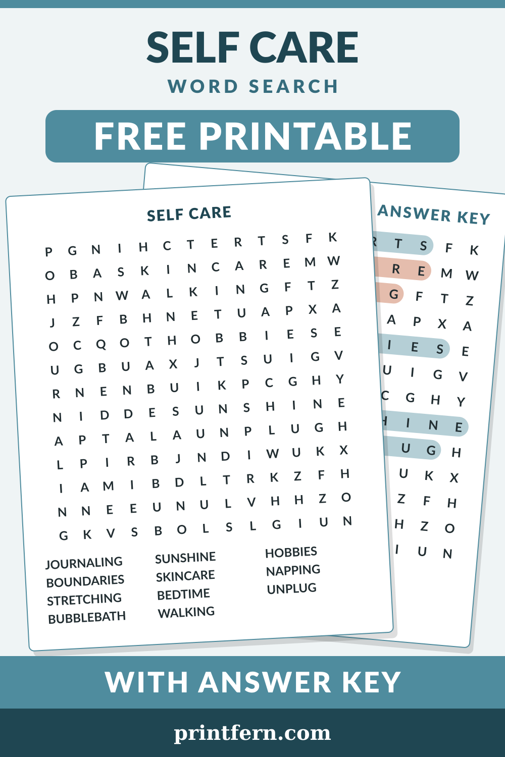 Self Care Word Search, free printable PDF preview