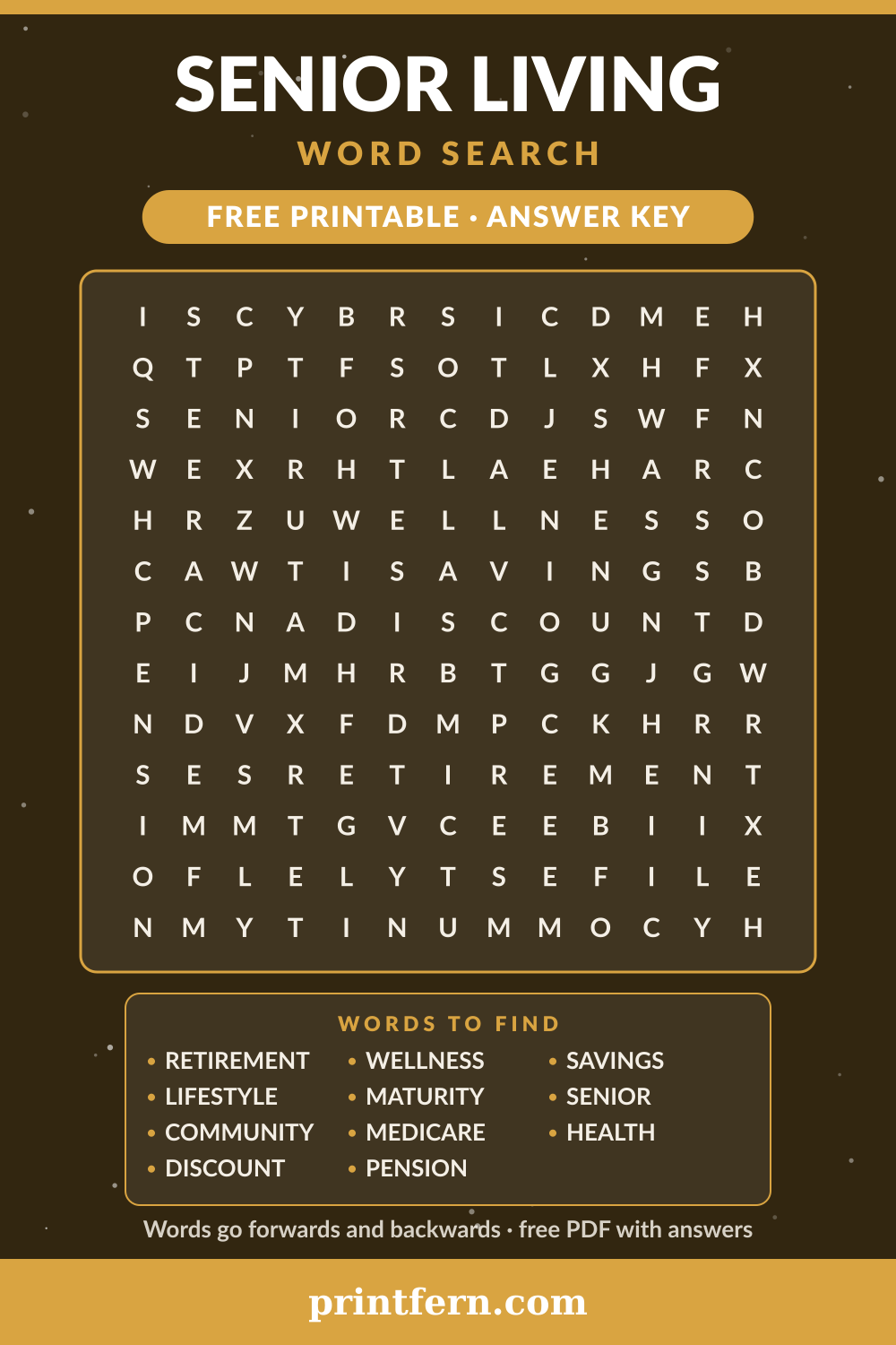 Senior Living Word Search, free printable PDF preview