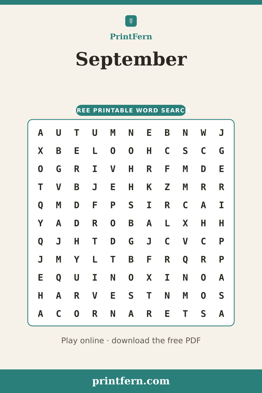 September Word Search, free printable PDF preview