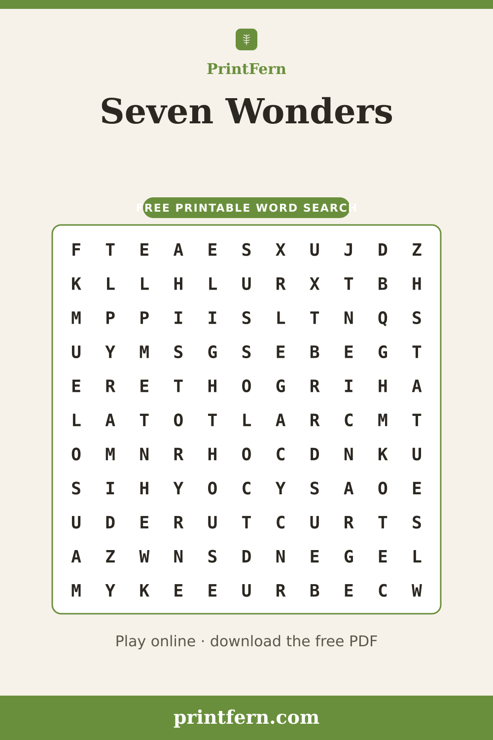 Seven Wonders Word Search, free printable PDF preview