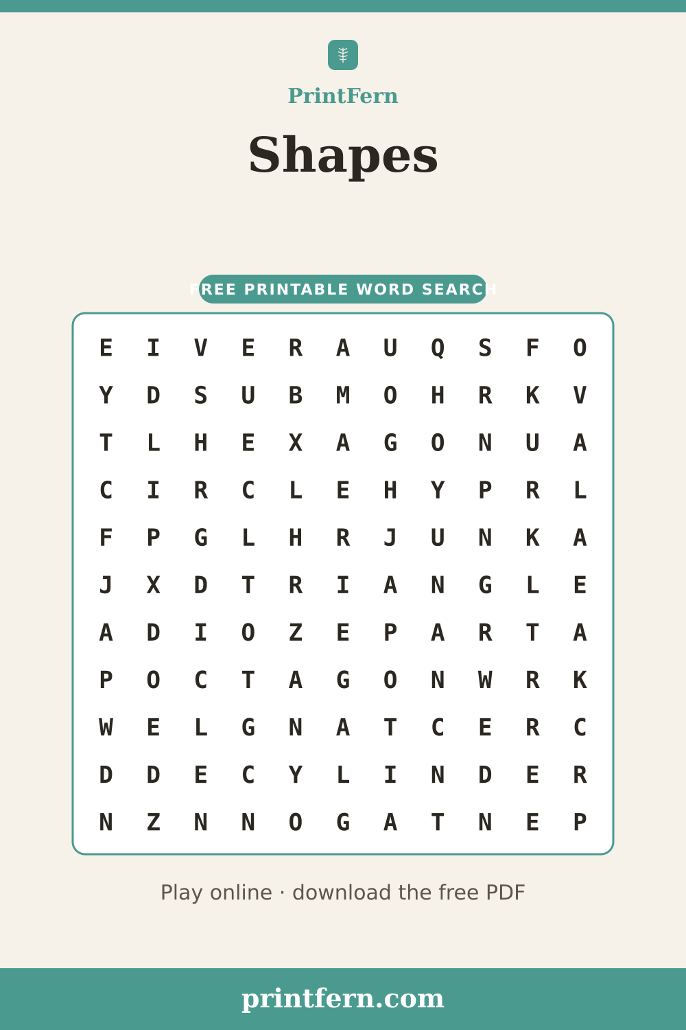 Shapes Word Search, free printable PDF preview