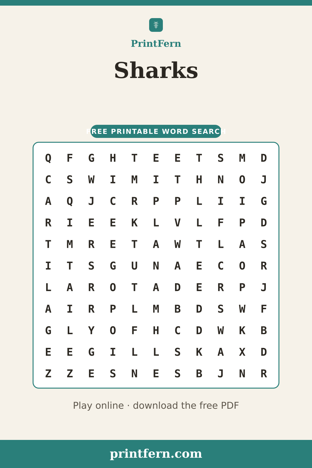 Sharks Word Search, free printable PDF preview