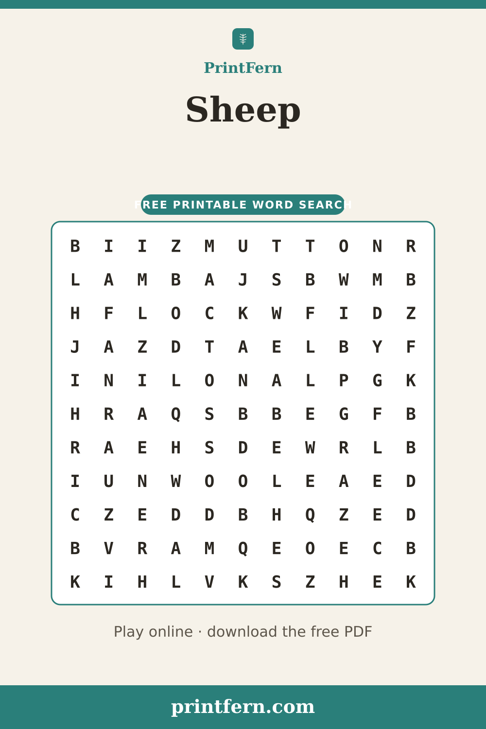 Sheep Word Search, free printable PDF preview