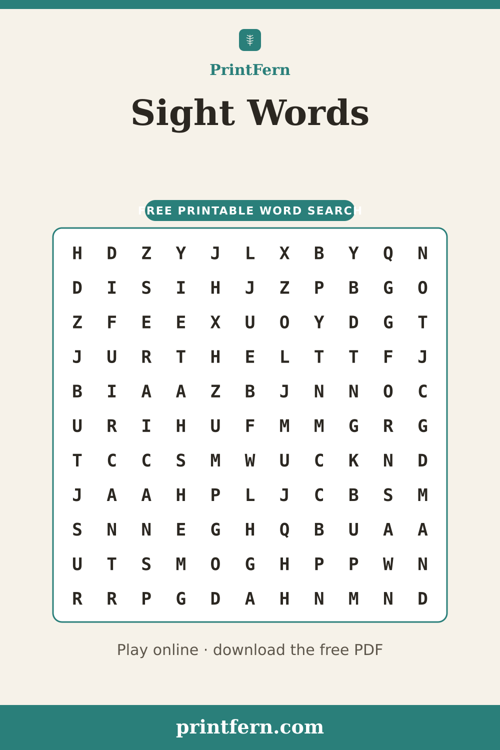 Sight Words Word Search, free printable PDF preview
