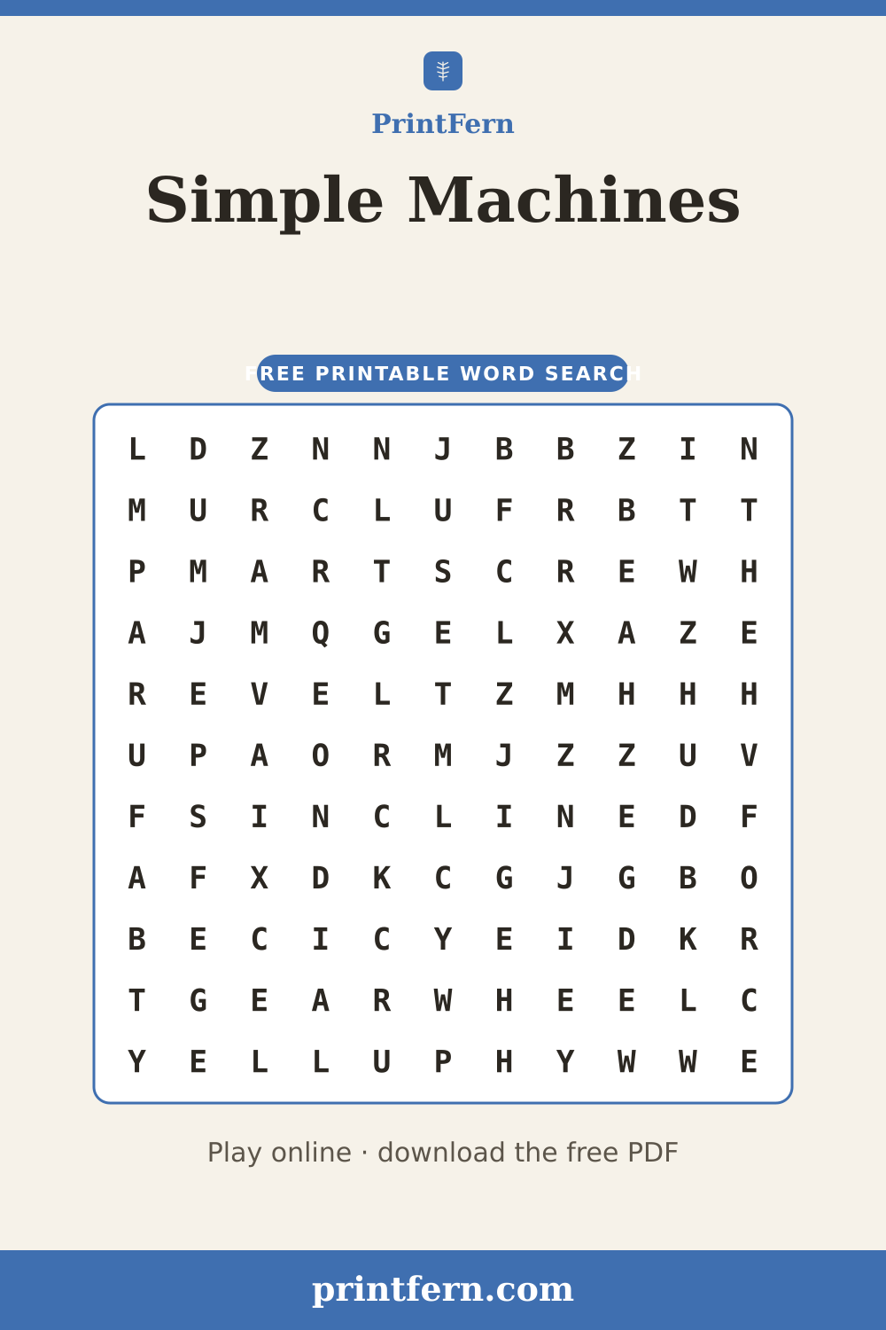 Simple Machines Word Search, free printable PDF preview
