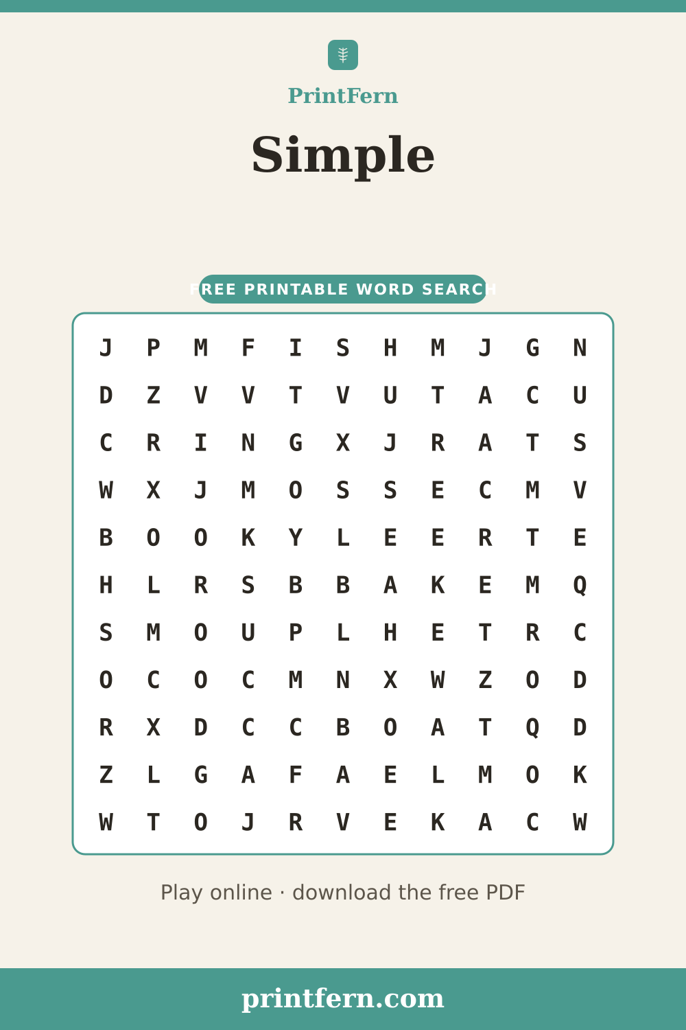 Simple Word Search, free printable PDF preview
