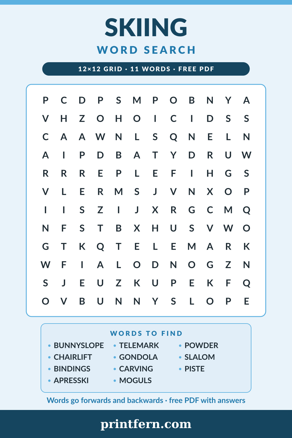 Skiing Word Search, free printable PDF preview