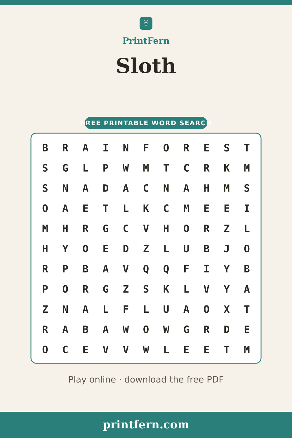 Sloth Word Search, free printable PDF preview