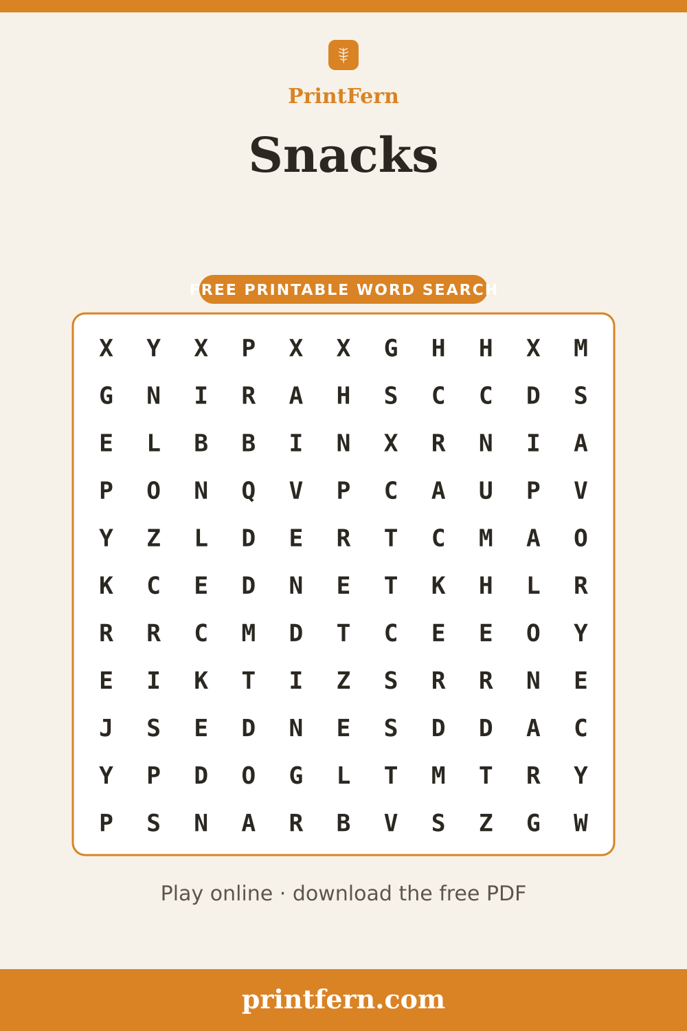 Snacks Word Search, free printable PDF preview