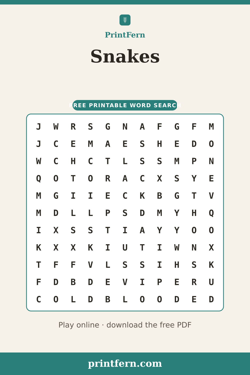 Snakes Word Search, free printable PDF preview
