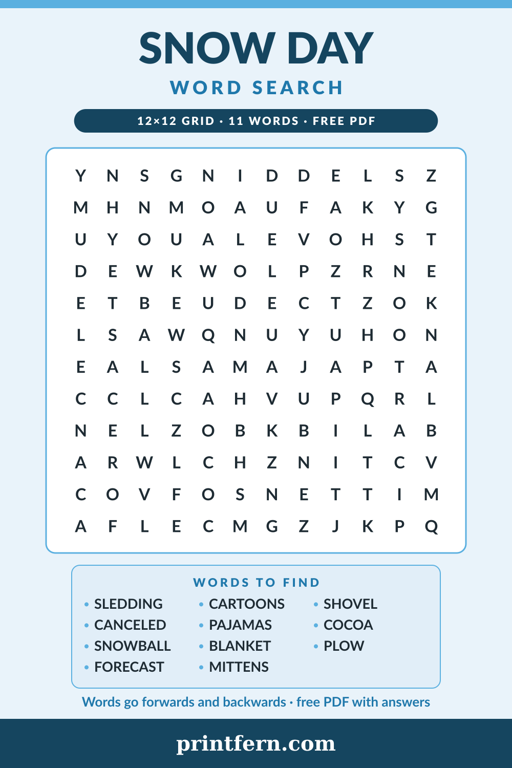Snow Day Word Search, free printable PDF preview