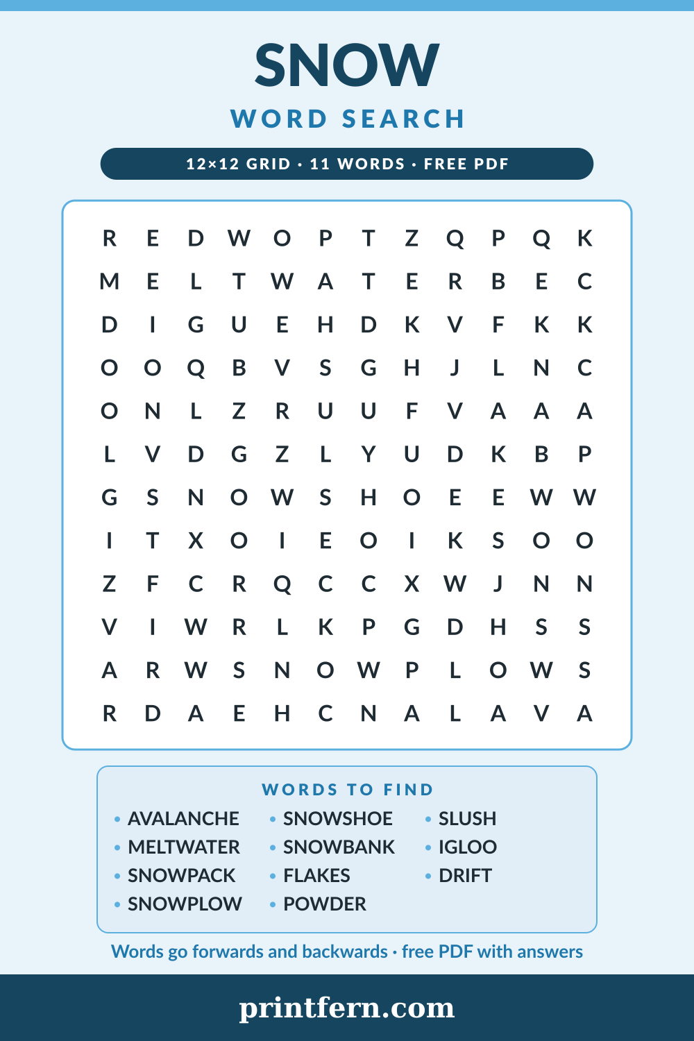 Snow Word Search, free printable PDF preview