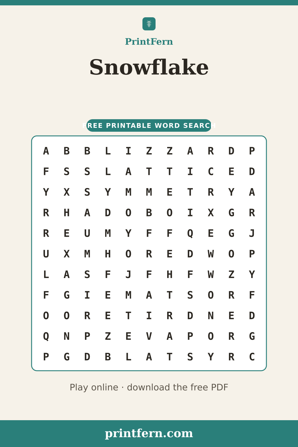 Snowflake Word Search, free printable PDF preview