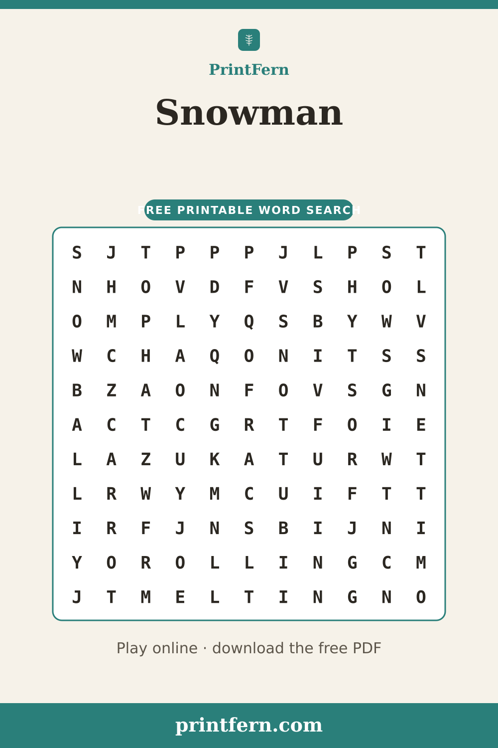 Snowman Word Search, free printable PDF preview