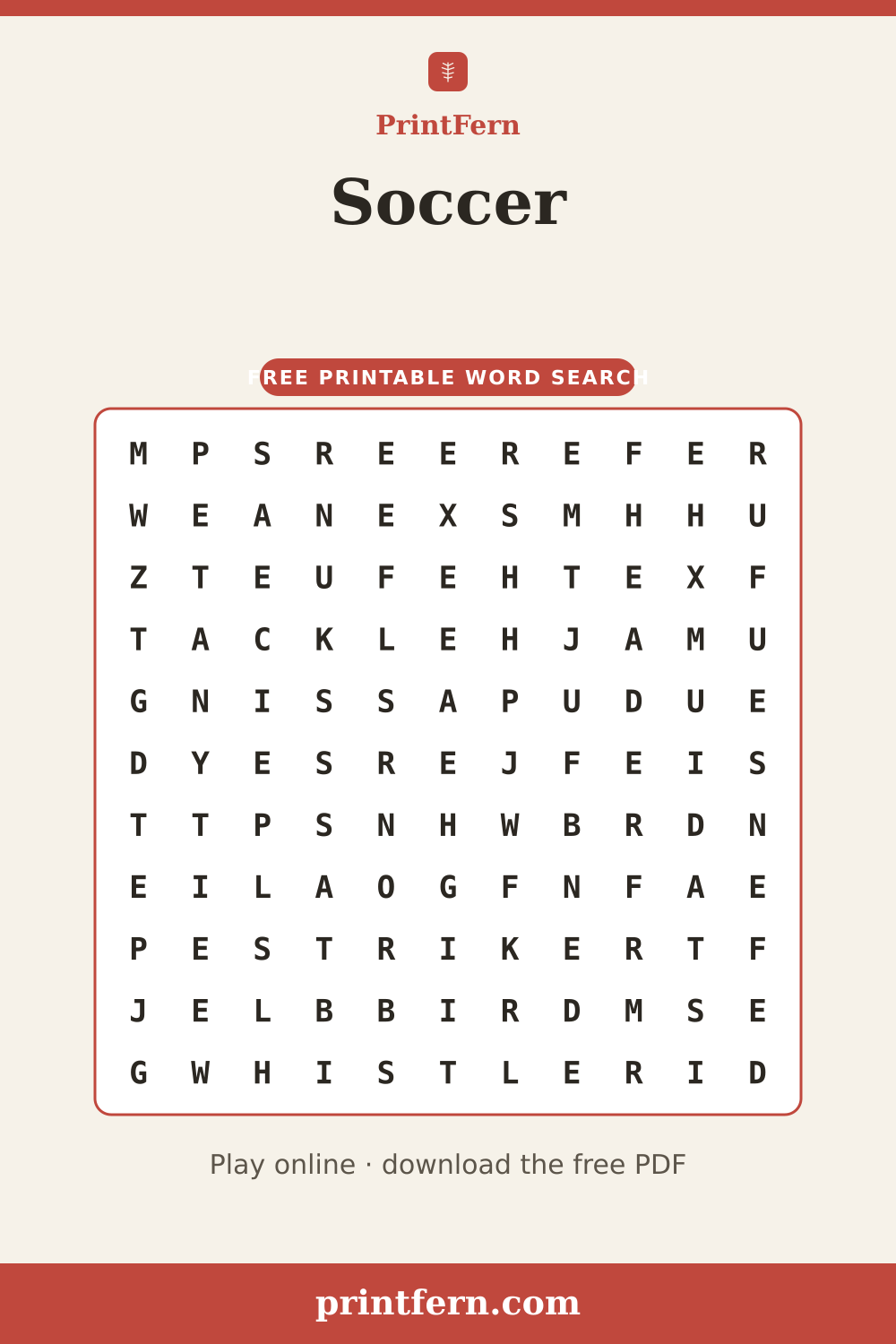 Soccer Word Search, free printable PDF preview