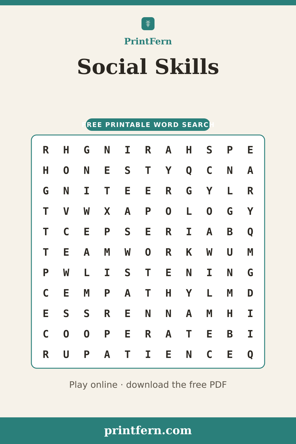 Social Skills Word Search, free printable PDF preview