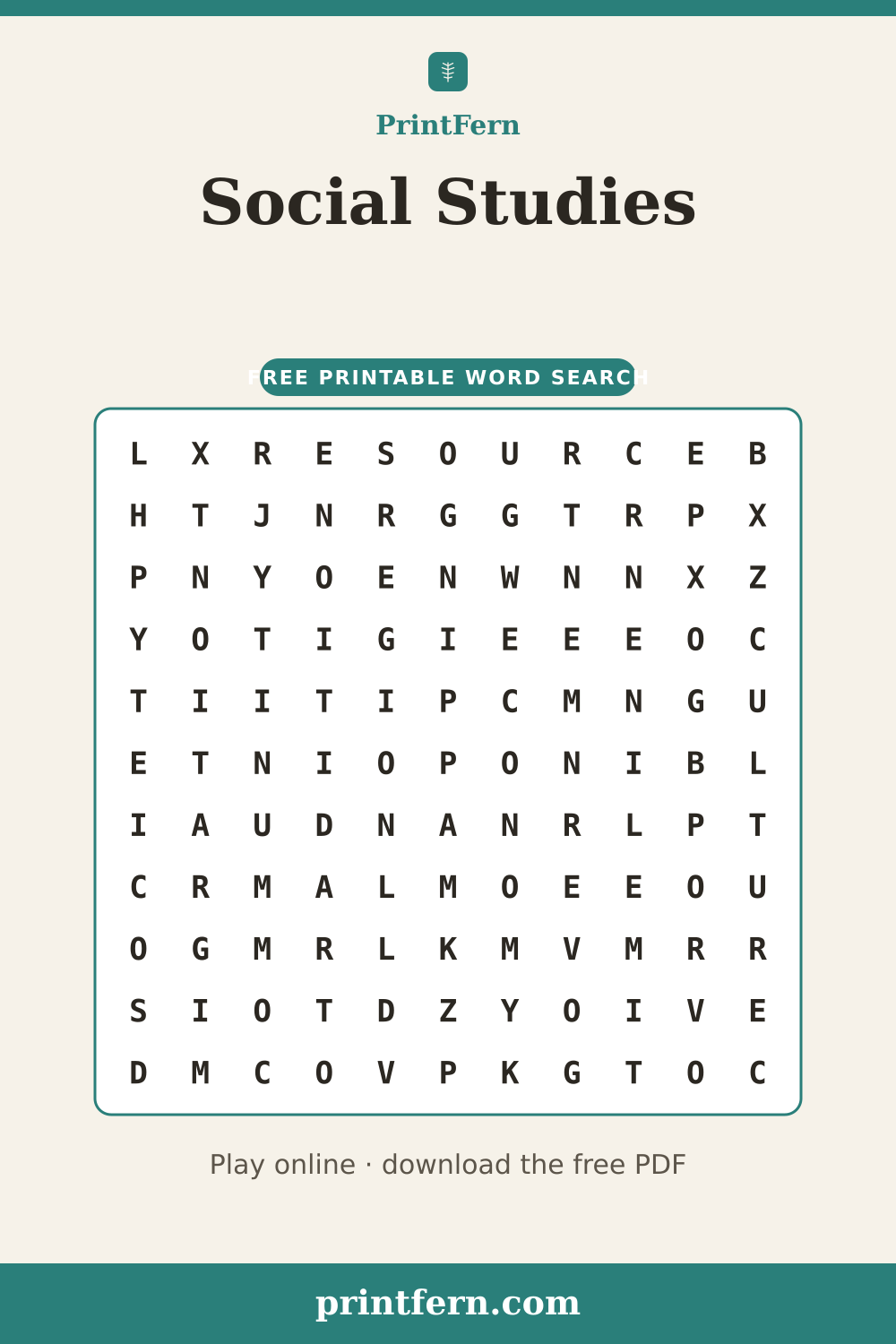 Social Studies Word Search, free printable PDF preview