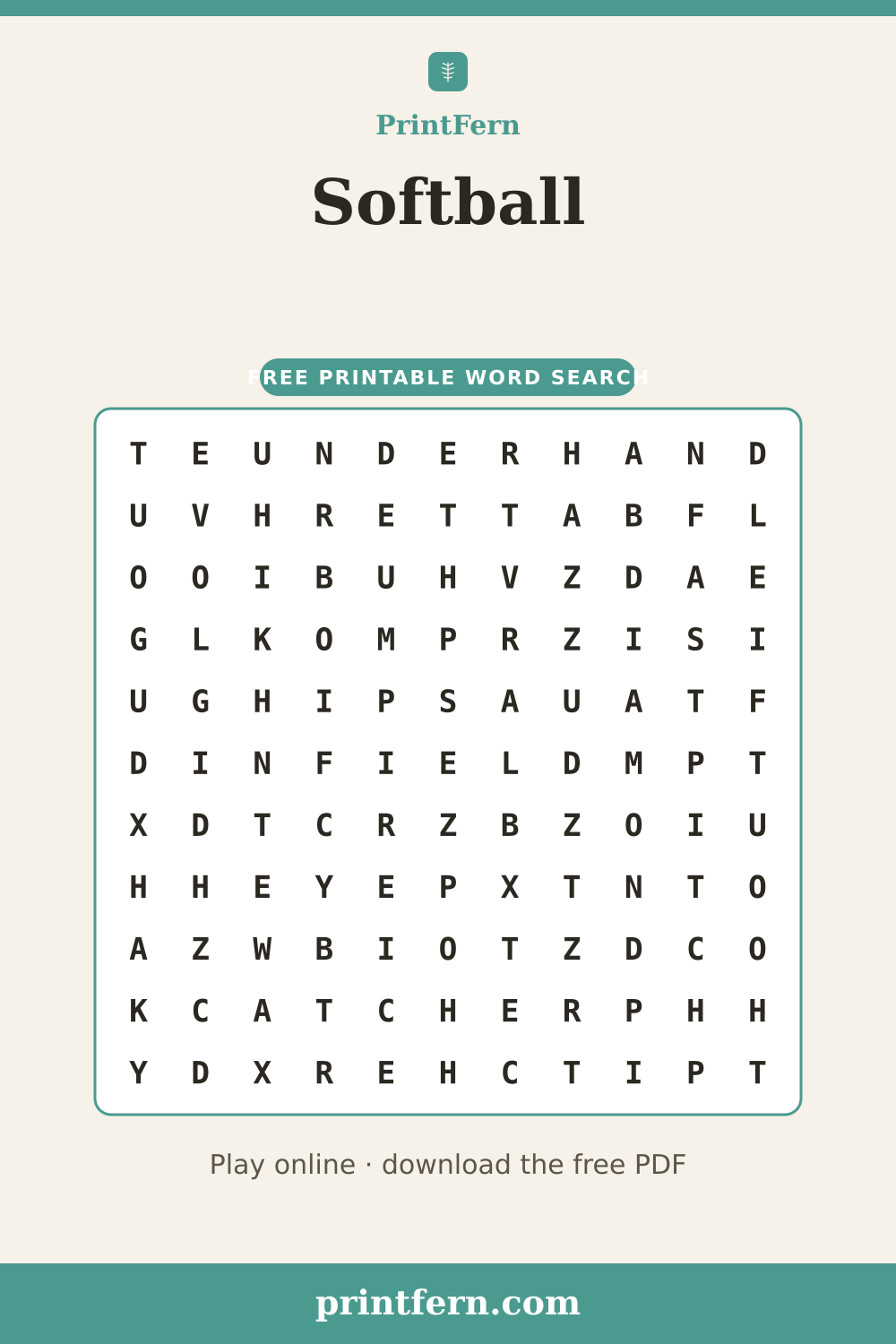Softball Word Search, free printable PDF preview