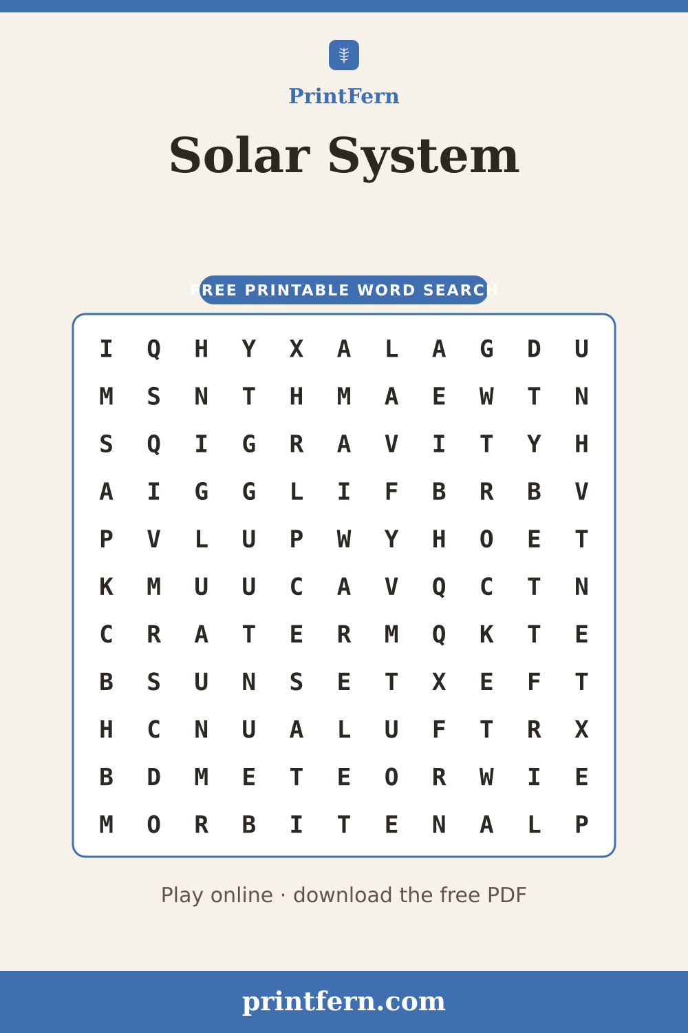 Solar System Word Search, free printable PDF preview