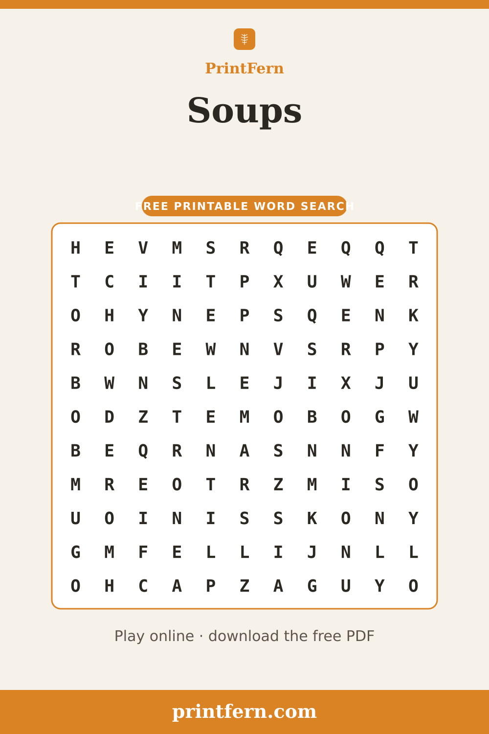 Soups Word Search, free printable PDF preview